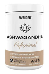 Weider Ashwagandha Professional supplement bottle for stress protection and vitality, containing KSM-66 extract.